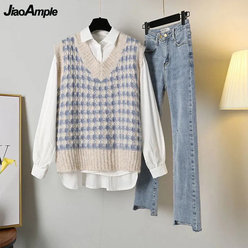 Women's Spring Autumn Fashion 3 Pieces Outfits 2024 Student Korean Casual Shirts+Sweater Vest+Straight Jeans Set Lady Streetwear