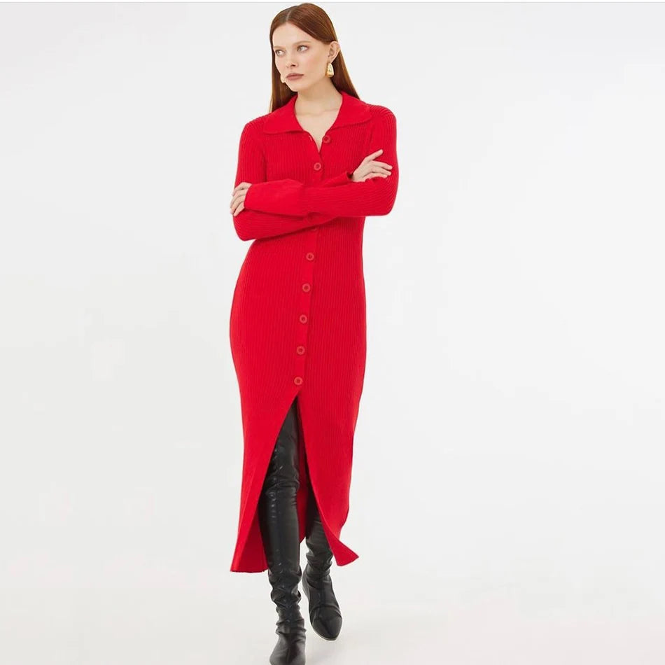 2025 Autumn Bodycon Dress Sweater Knitted Green Women Sexy Midi Split V Neck Long Sleeve Casual Dresses Party Vestidos Red