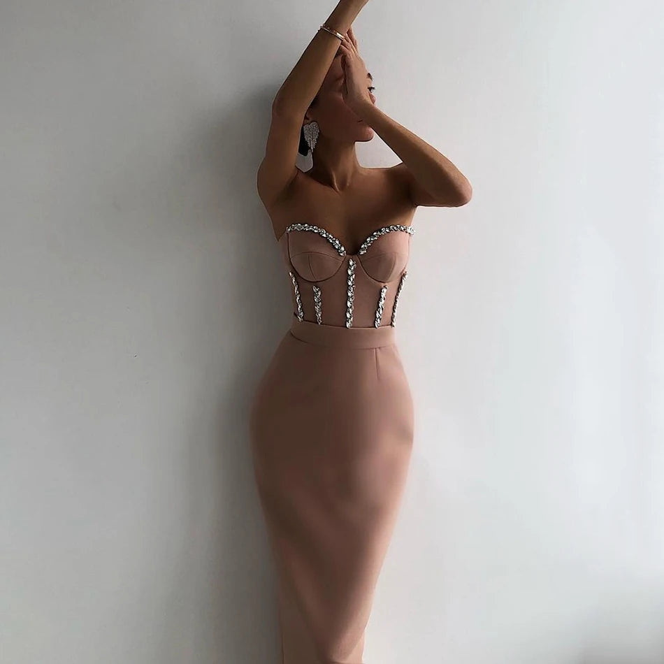 Women Summer Sexy Strapless Backless Beading Midi Black Beige Red Crystal Bandage Dress 2021 Elegant Evening Party Dress Vestido