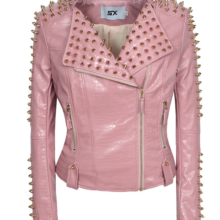 SX Occident Fashion women Club hot style Stud slim fit jacket shoulder rivets zip stitching short PU leather rock coat Pink
