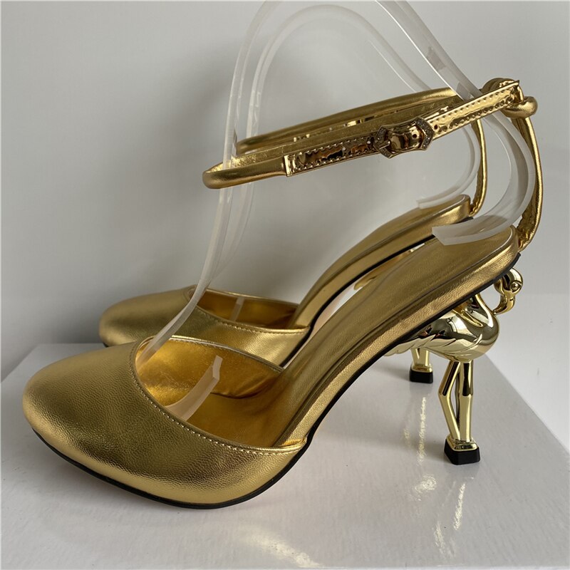 Unique Flamingo Strange High Heel Sandals Women Knitted Narrow Band Ankle Strap - Design Summer Runway Shoes Woman Gold Cover Toe