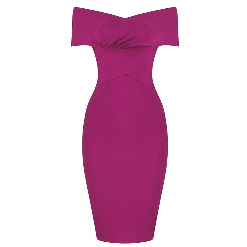 New Summer Women Bodycon Sexy Off The Shoulder Rayon Bandage Dress Club Dress Midi Celebrity Party Dress Fuchsia
