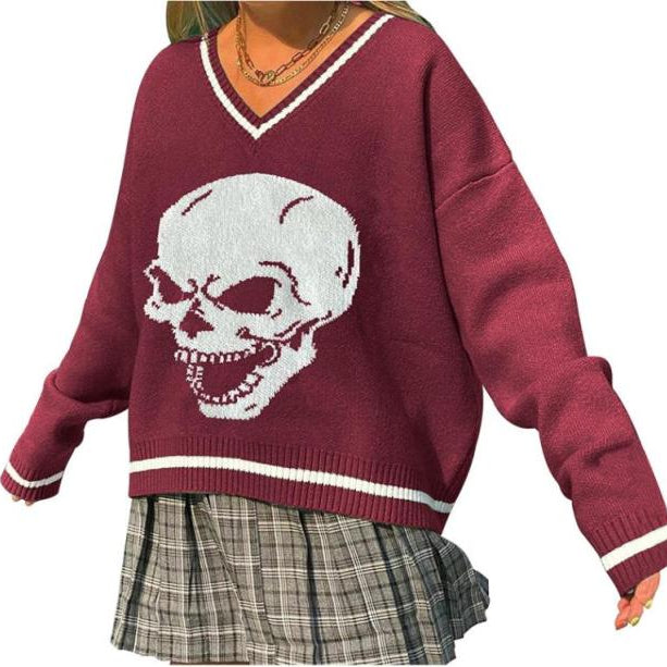 Y2K Oversized Sweater Pullover Ladies Casual Loose Printed Knitted Sweater Retro College Style Halloween Street Fall Winter 2021 20551 Red wine