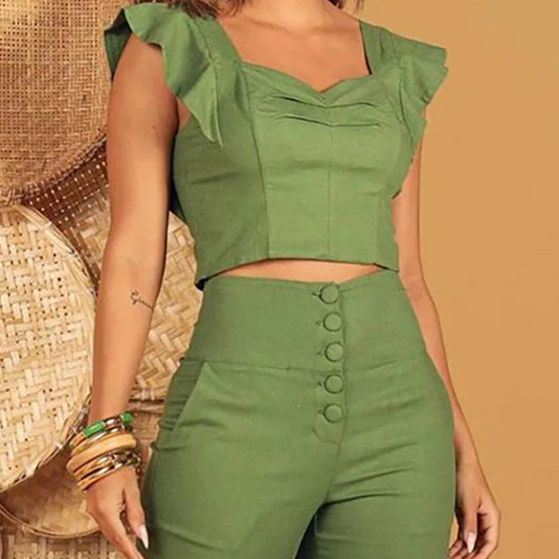 Autumn Women Eyelet Flutter Sleeve Zip Back Top & Buttoned High Waist Pants Set Women Summer Outfits 2023