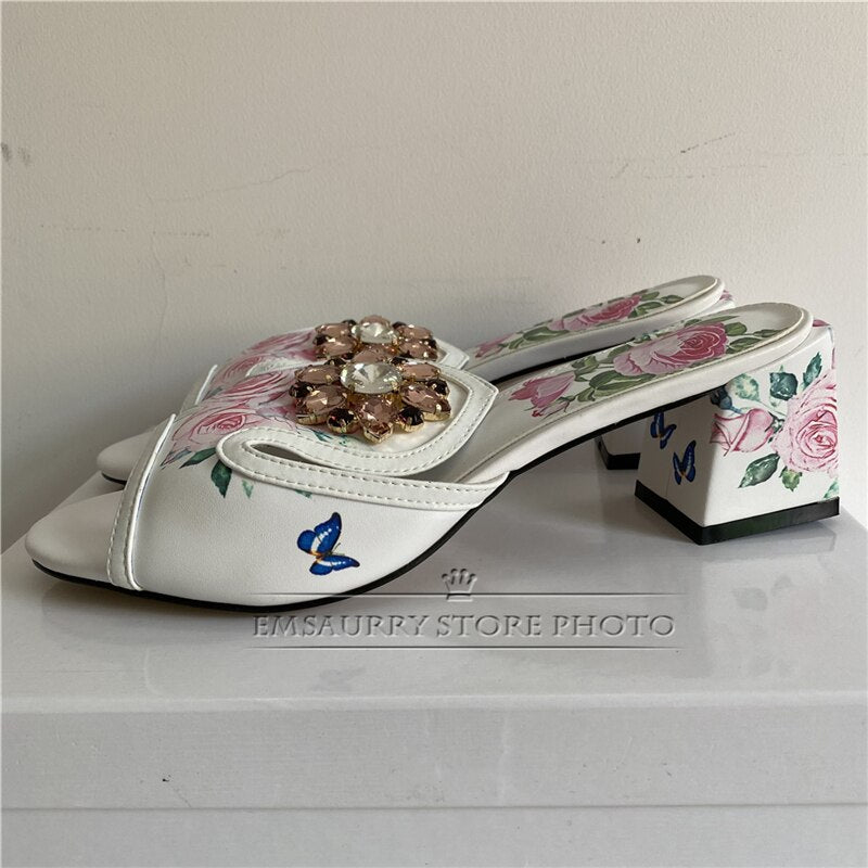 Print Butterfly-Flower Real Leather Sandals Women 10cm Square High Heel Open Toe Slingbacks Rhinestone Runway Mules