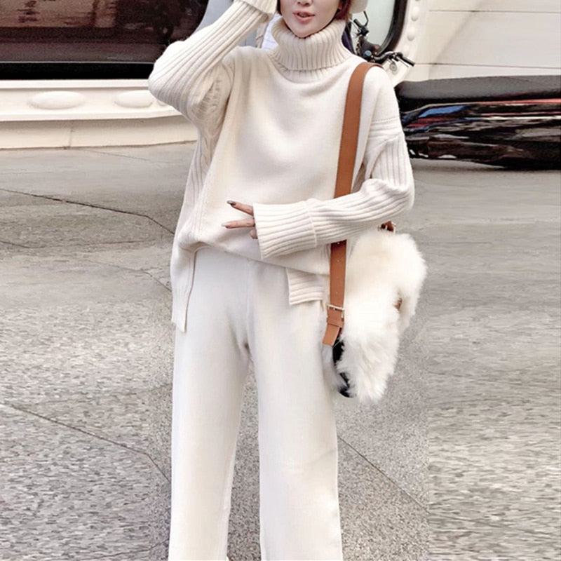 Sweater Set Women Tracksuit Spring Autumn Knitted Suits 2 Piece Set Warm Turtleneck Sweater Pullovers Wide Legs Pants Apricot