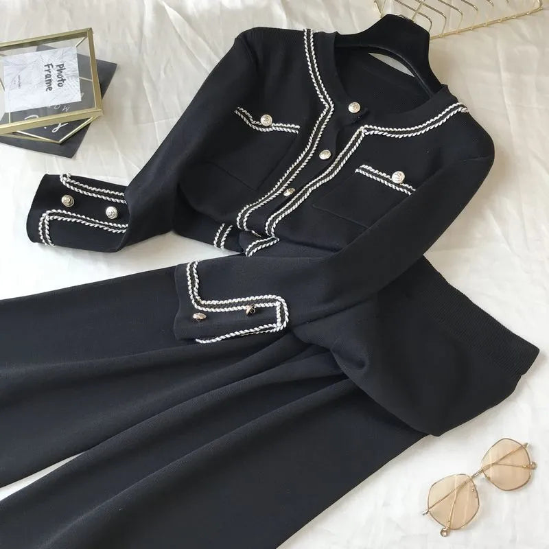 Runway Fall Korean Women's Double Pocket Stripe Desgin Knitted Cardigan Top Coat + High Waist Wide Leg Pants Two Piece Set black One Size