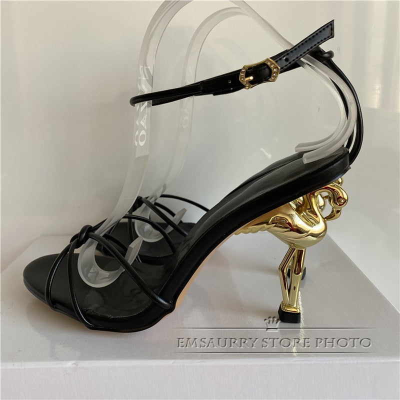 Unique Flamingo Strange High Heel Sandals Women Knitted Narrow Band Ankle Strap - Design Summer Runway Shoes Woman