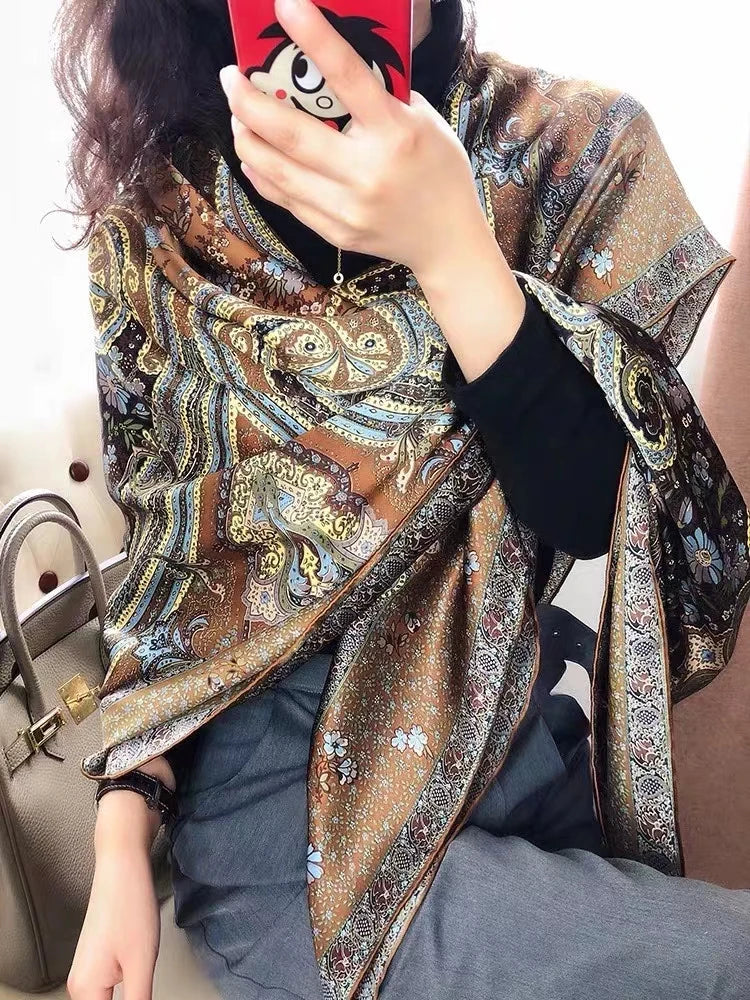 Coffee Gold 100% Mulberry Silk Women's Scarf Bandana Fashion Plaisley Style Square Scarves Hijabs Winter Brand Headscarf Foulard