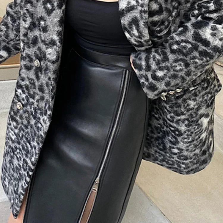 Lautaro Autumn Soft Black Pu Leather Midi Skirt Women with Double Slit Zipper High Waist Korean Style Fashion 2021 Streetwear