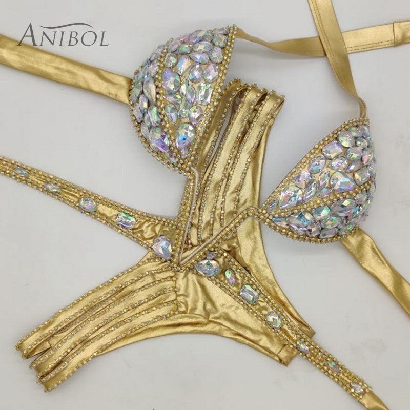 Sexy Women Bikin Luxury Rhinestone Split Swimwear Push Up Crystal Diamond Swimsuit Bandage Chain Bathing Suit Gold