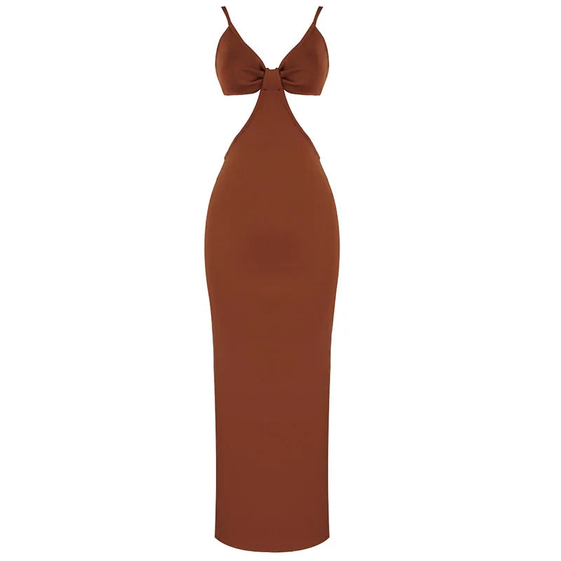 Sale Promotion ! 3 Colors Women Sleeveless Sexy Strap Fashion Bodycon Long Dress Celebrate Birthday Party Dress Brown