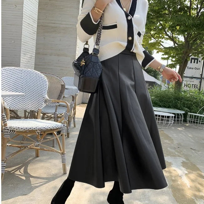 Neophil Chic Ladies Latex Flare Black Skirts Vintage Pu Faux Leather Ball Gown Long Skirt Thick Party A-Line Swing Faldas S21836 Black