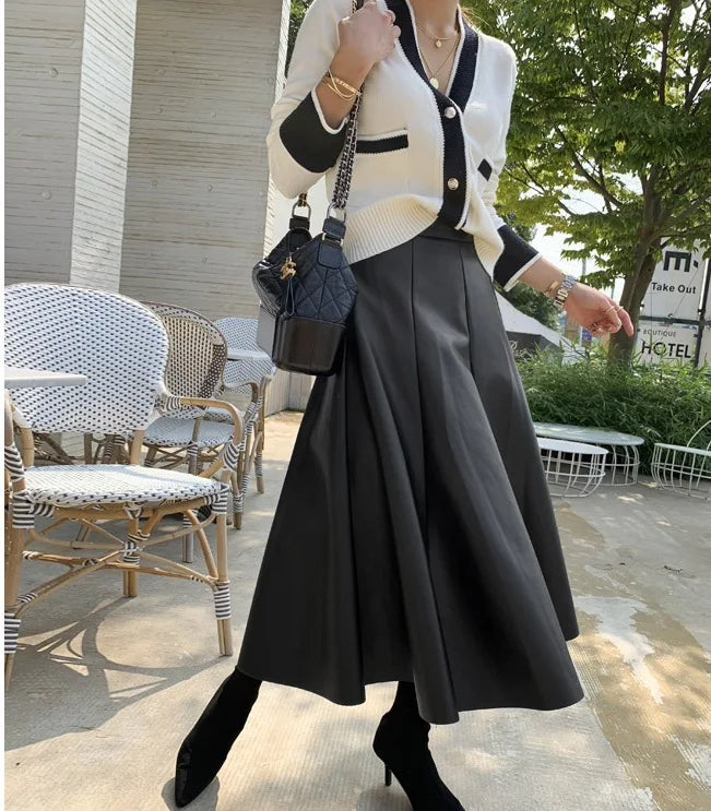 Neophil Chic Ladies Latex Flare Black Skirts Vintage Pu Faux Leather Ball Gown Long Skirt Thick Party A-Line Swing Faldas S21836 Black