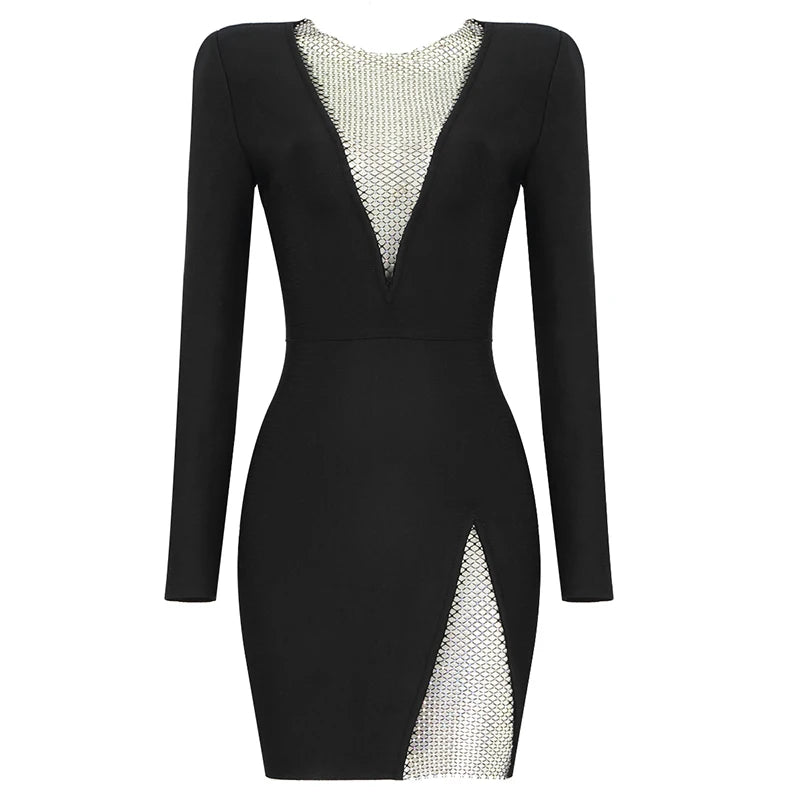 New Winter Women Black Beading Long Sleeve Rayon Bandage Sexy Hollow Out Mini Club Celebrity Runway Party Dress black