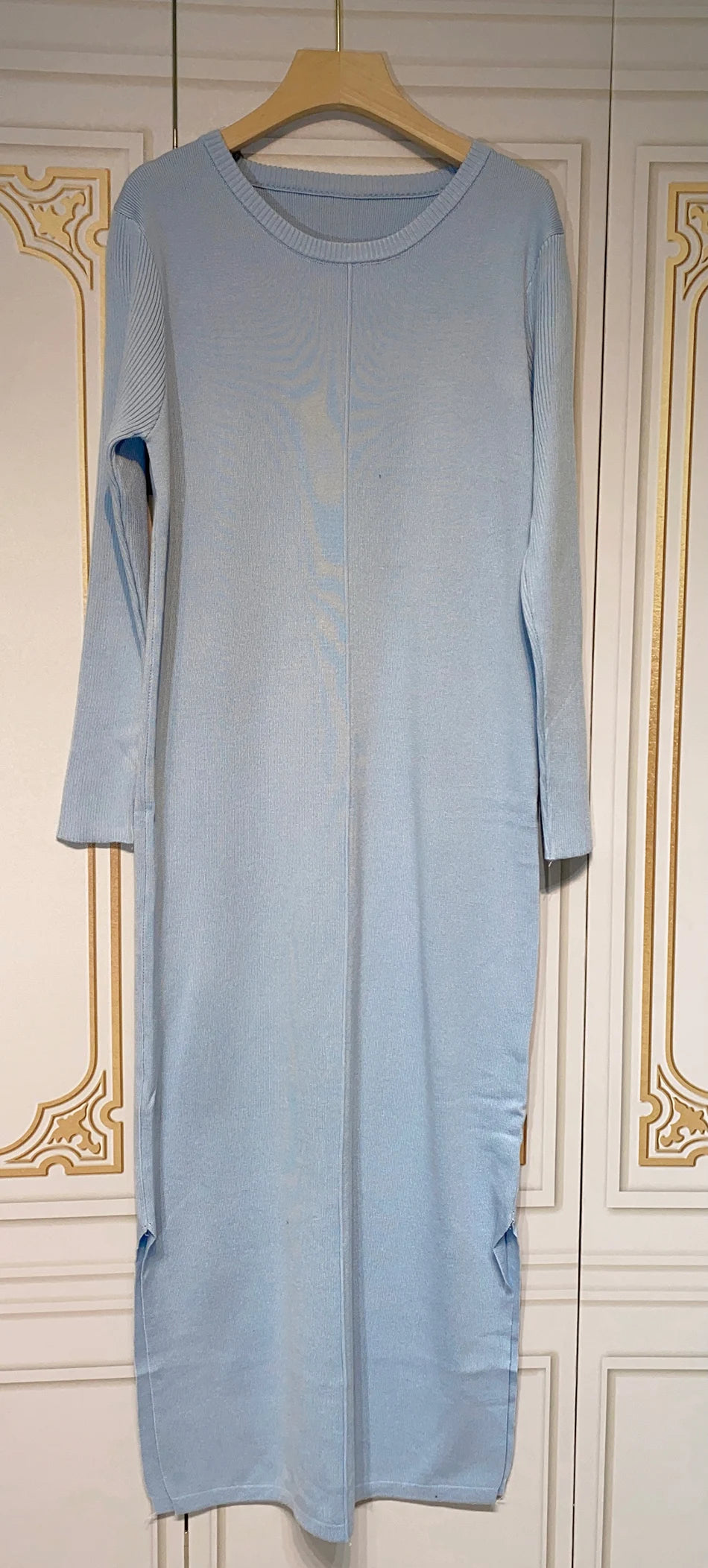 2024 Casual Midi Knit Dress Women's O-neck Long Sleeve Split Straight Dresses 2023 New Autumn Pure Color Knit Vestidos SKY BLUE