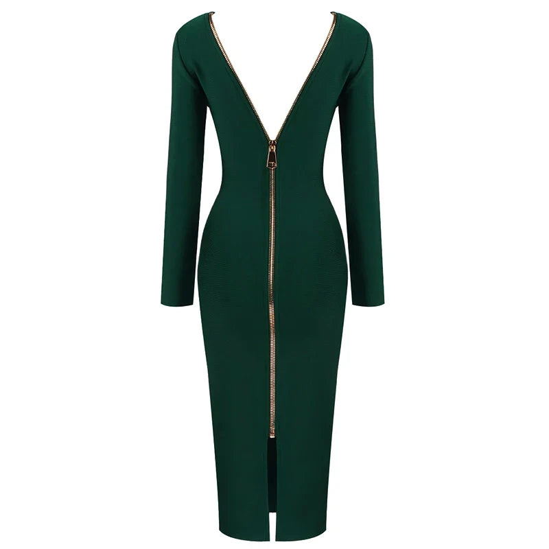5 Colors Winter Style 2021 Sexy Long Sleeve Backless Zipper Midi Red Bodycon Bandage Dress Fashion Evening Party Dress Vestido army green