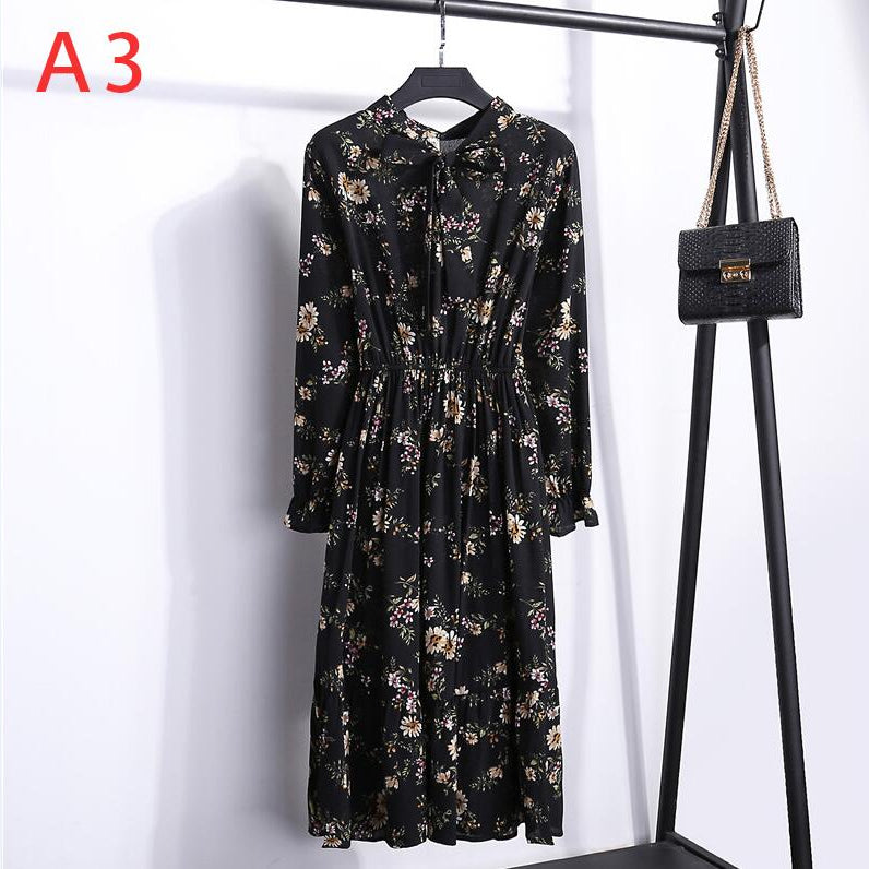 Plus Size Women's Clothing Long Sleeve Chiffon Shirt Dresses For Women Red Bow Floral Club Party Autumn Winter платье Woman A3