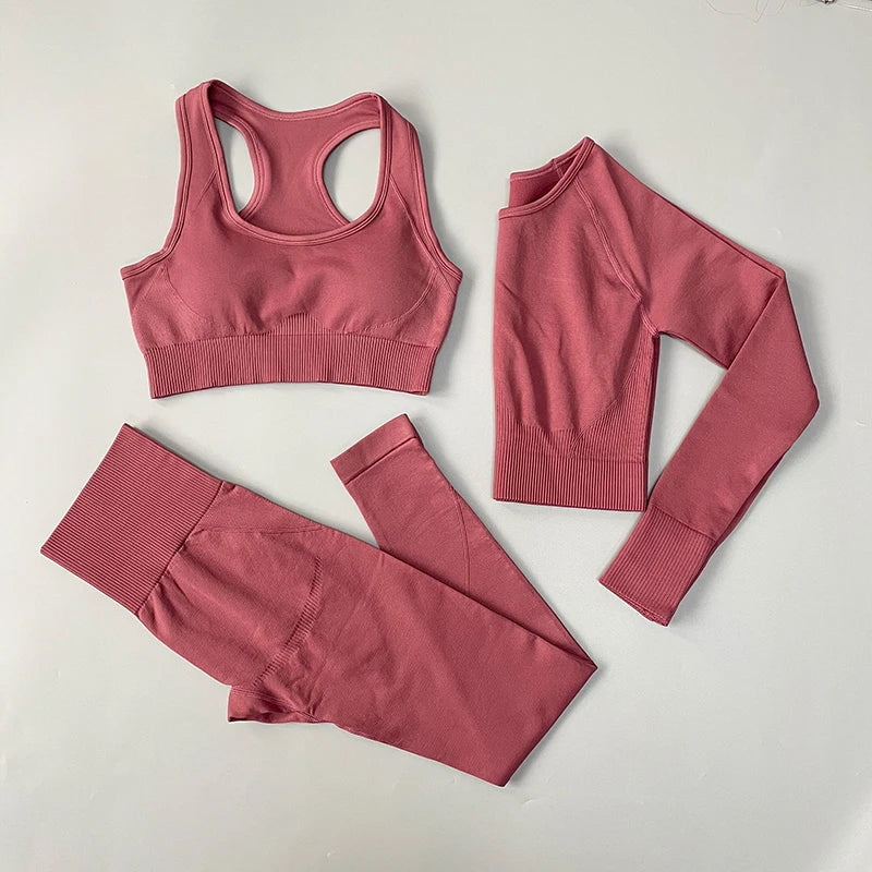 2/3/4PCS Seamless Women Yoga Set Workout Sportswear Gym Clothes Fitness Long Sleeve Crop Top High Waist Leggings Sports Suit 3Pcs Set Red