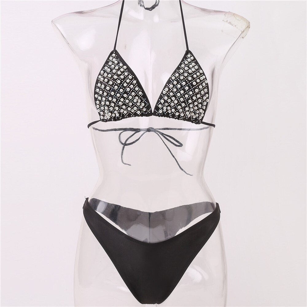 Sexy Pearl Triangle Bikini Luxury Crystal Diamond Women's Swimsuit Straps Halter Brazilian Swimwear