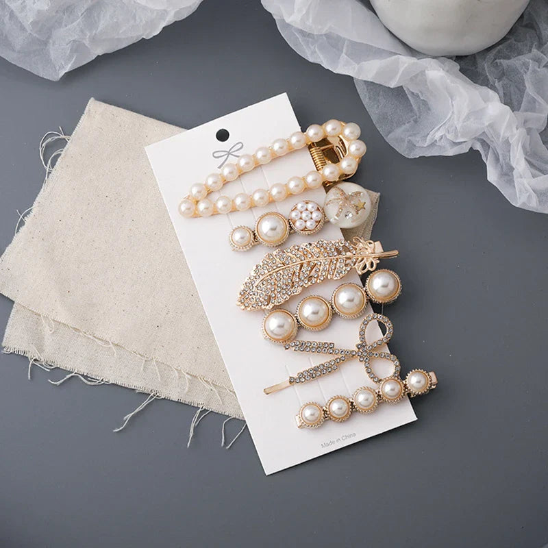 6pcs/set Feather Scissors Hair Clips for Women with Crystal Rhinestone Pearls Barrettes Fashion Jewelry Accessories Gifts YHA054