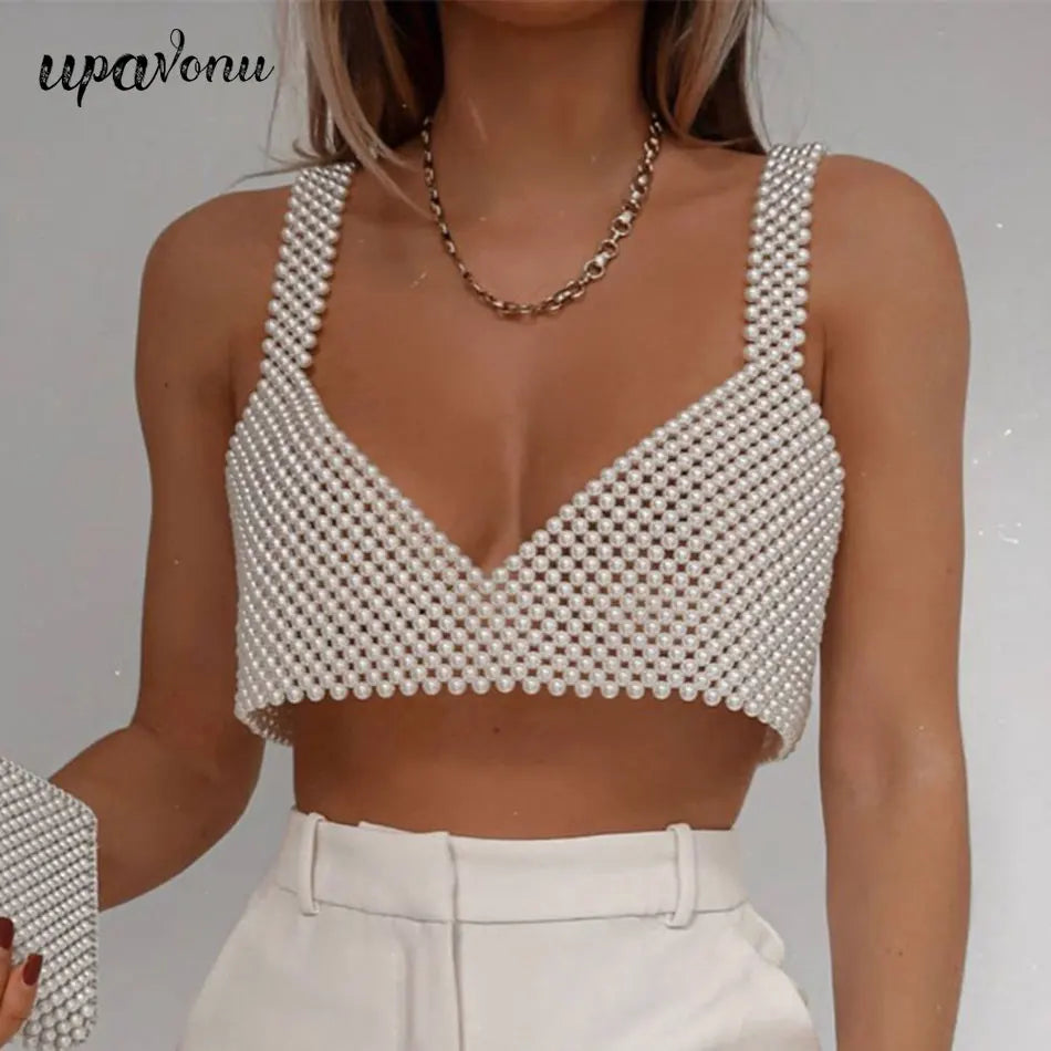 2025 High Street Deep V Neck Pearl Vest Women Fashion Crop Top Ladies White Sleeveless Sexy Club Tank Top Blusas