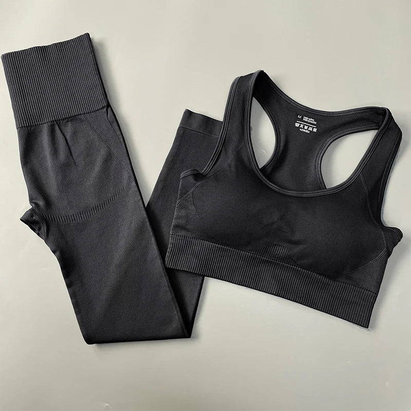 2/3/4PCS Seamless Women Yoga Set Workout Sportswear Gym Clothes Fitness Long Sleeve Crop Top High Waist Leggings Sports Suit Bra Pants Black