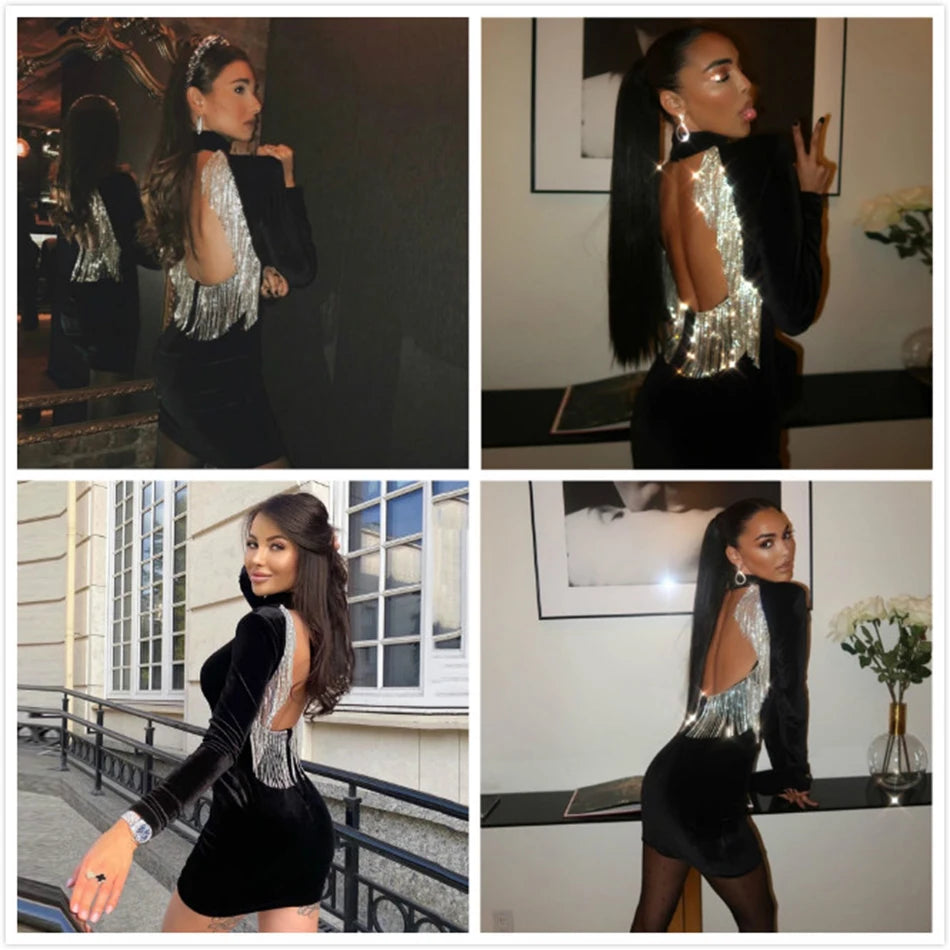 2024 Black Green Sexy Fashion Backless Diamonds Tassel Rayon Velvet Dress Evening Party Dresses Vestidos