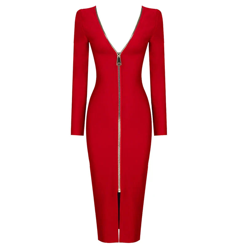 5 Colors Winter Style 2021 Sexy Long Sleeve Backless Zipper Midi Red Bodycon Bandage Dress Fashion Evening Party Dress Vestido Red