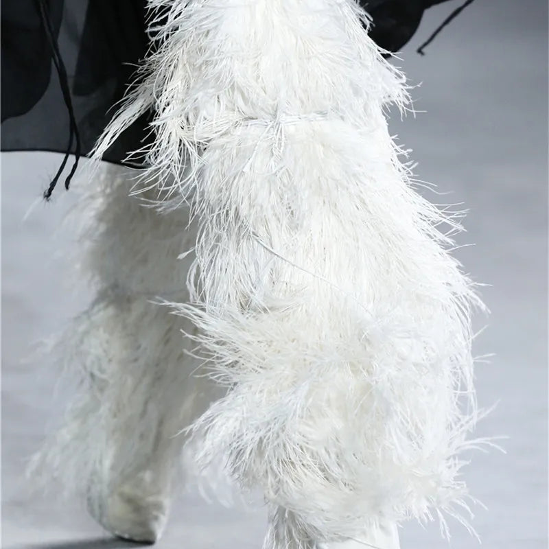 Feather Women's High Boots Suede Cross-tied Pointed Toe Party High Heel Shoes Sexy Ostrich Feather Women's Over The Knee Boots WHITE