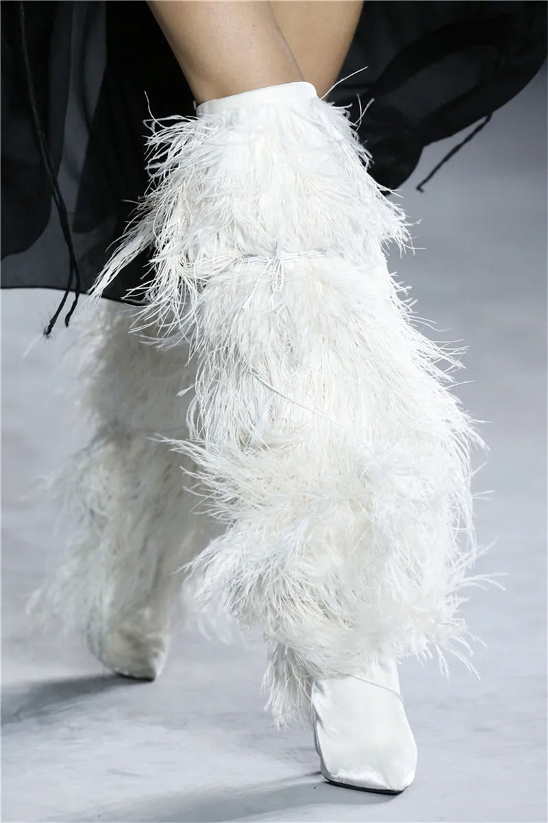 Feather Women's High Boots Suede Cross-tied Pointed Toe Party High Heel Shoes Sexy Ostrich Feather Women's Over The Knee Boots WHITE