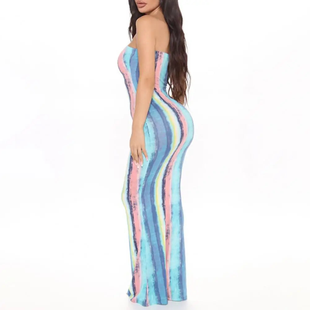 Multicolor Tie Dyeing Print Striped Dress 2021 Summer Sexy Women Long Sleeve Deep V-neck Fall Autumn Bodycon Long Maxi Dress