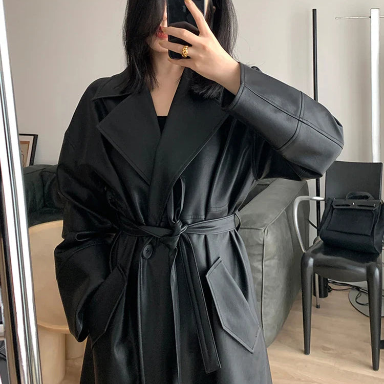Lautaro-Long Black Leather Trench Coat for Women, Oversized Sashes, Single Button, Loose Stylish, Korean Fashion, Spring