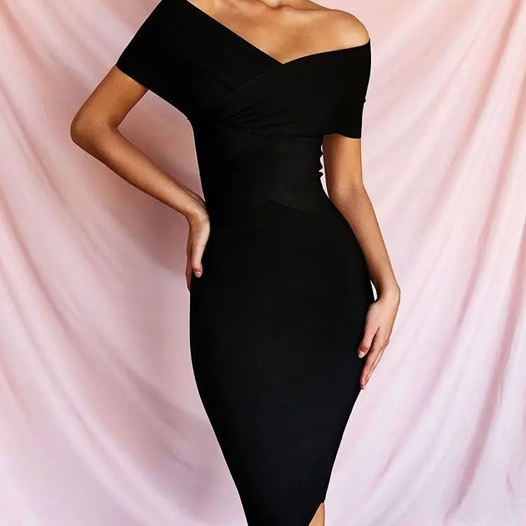 New Summer Women Bodycon Sexy Off The Shoulder Rayon Bandage Dress Club Dress Midi Celebrity Party Dress black