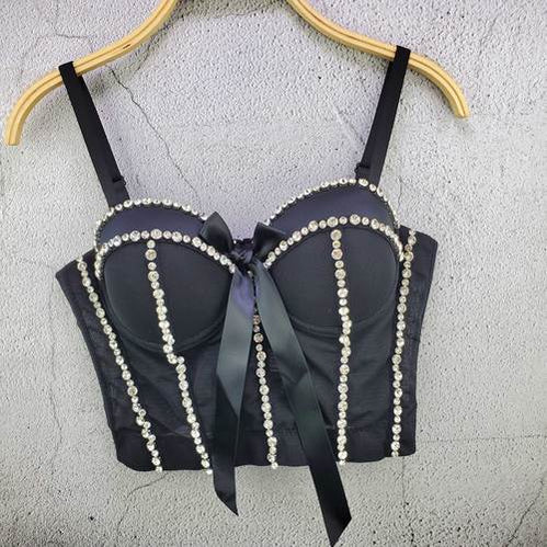 Women New Fashion Sexy Beaded Rhinestone Bow Mesh Camisole Wear Sleeveless Ropa De Mujer Short Bustier Corest Crop Tops S218 Black