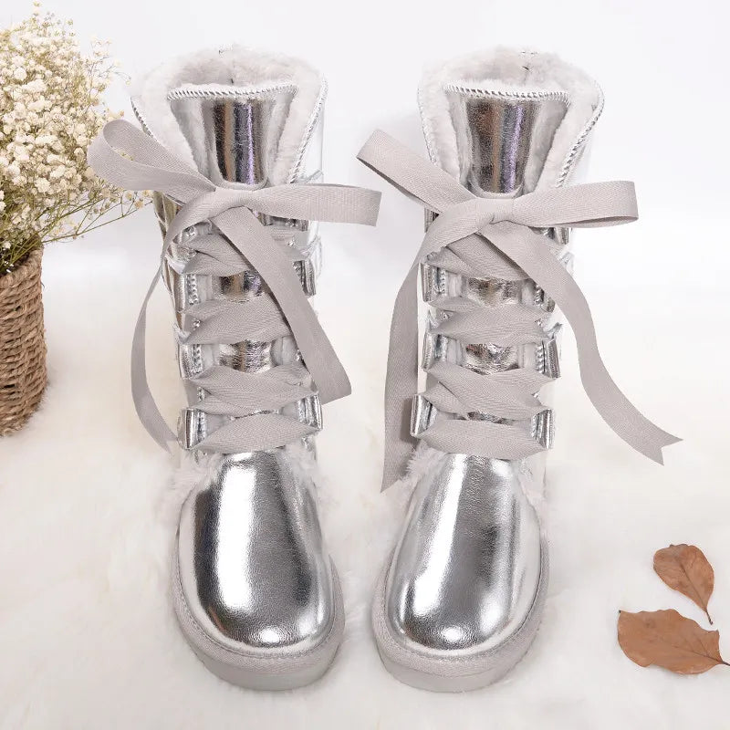 Bottes hautes imperméables à lacets pour femme, chaussures de neige épaisses en peluche, en cuir véritable, collection hiver 2023 