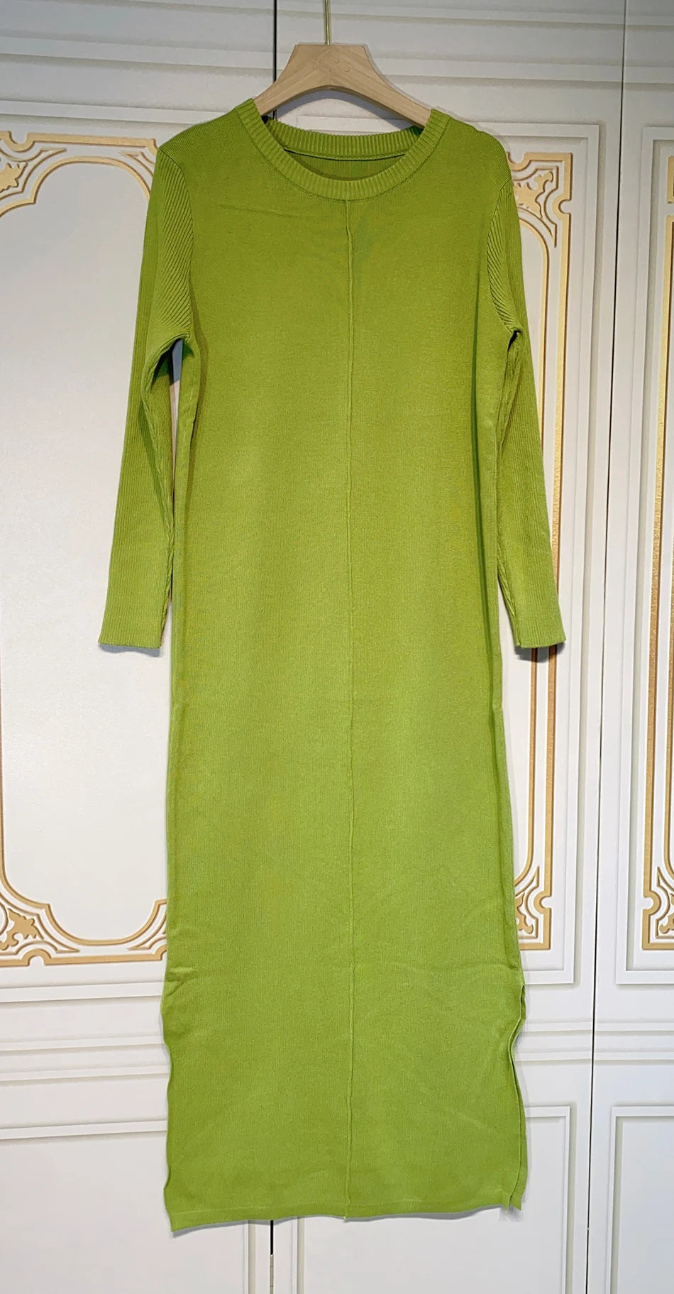 2024 Casual Midi Knit Dress Women's O-neck Long Sleeve Split Straight Dresses 2023 New Autumn Pure Color Knit Vestidos light green