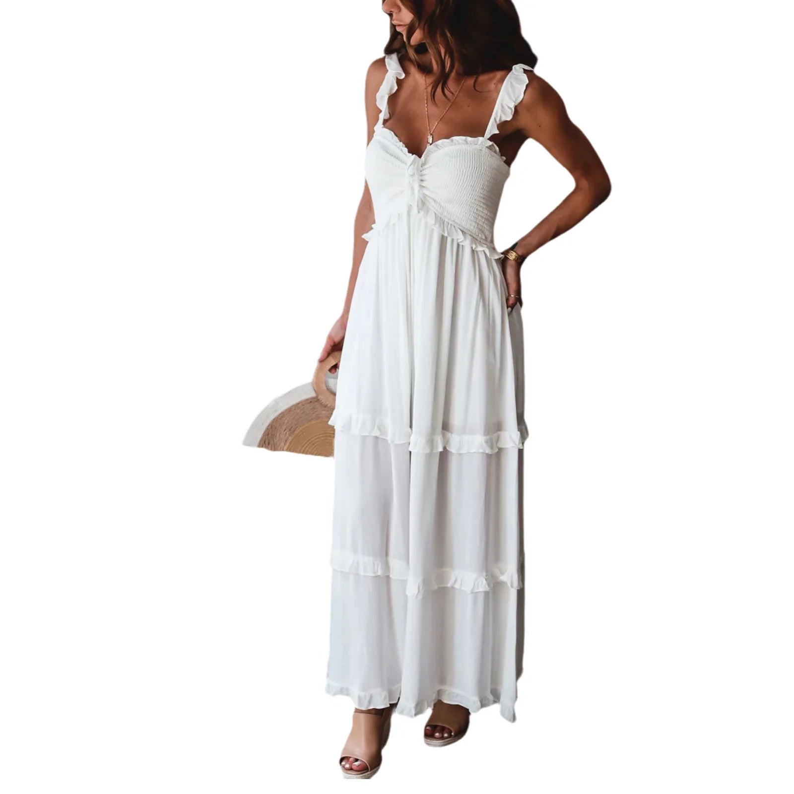 Summer Solid Tunic Women Maxi Dress V Neck Female Elegant Ruffles Party Long Dresses Beach Spaghetti Strap Casual Sundress 1