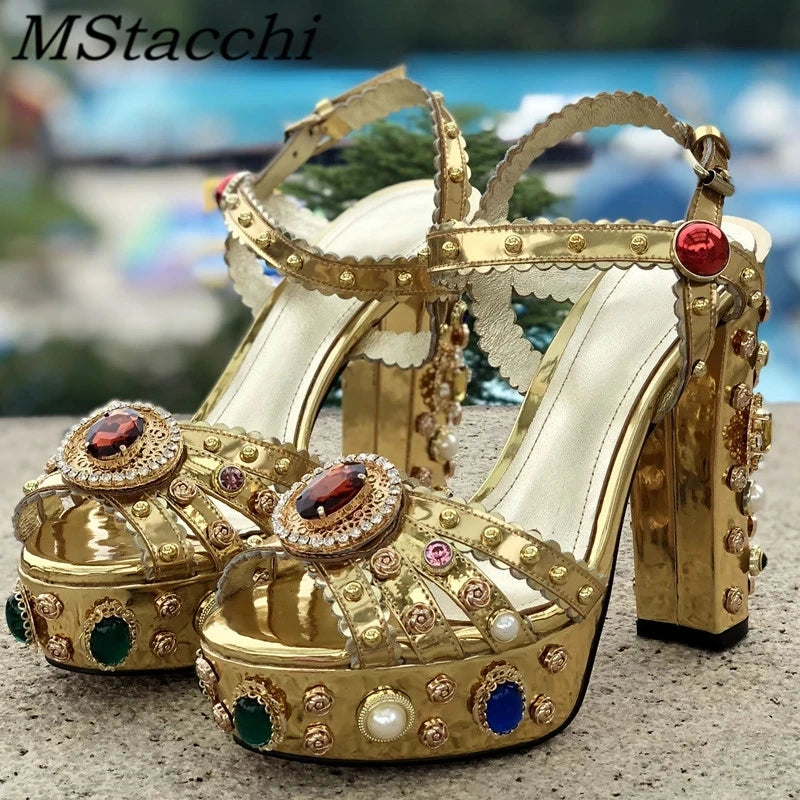 MStacchi Luxury Brand Women Platform Sandals Crystal Embroidery High Heel Sandalia Feminina Buckle Strap Rhinestone Wedding Shoe Gold