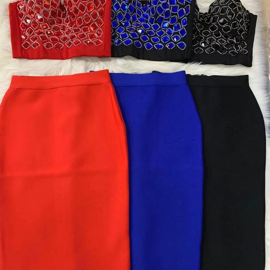 Red Mantual Beading Two Pieces Set Rayon Bandage Elegant Club Party Dress