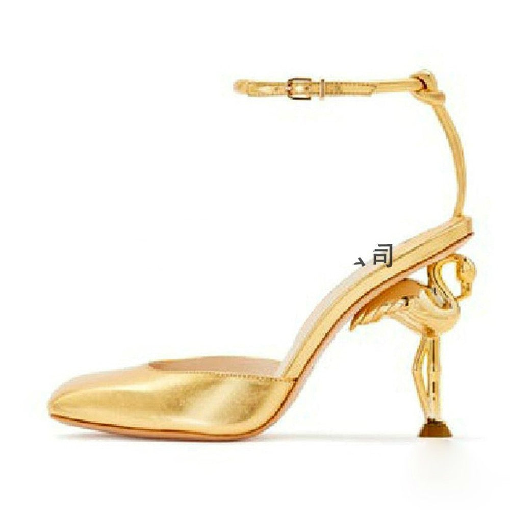 Womens Pointy Toe Genuine Leather Strange Irregular High Flamingo Heel Slingbacks Pumps Sandals Shoes Plus Sz 5Colors Bling