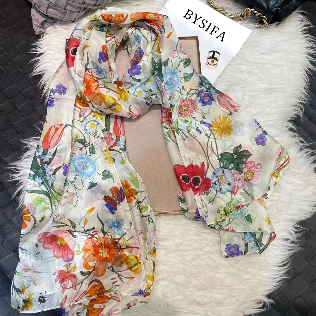 white100% Silk Scarf Women Scarves Bufandas Summer Beach Shawls Foulard Fall Winter Brand Flower Design Long Neck Scarves Hijabs white flowers