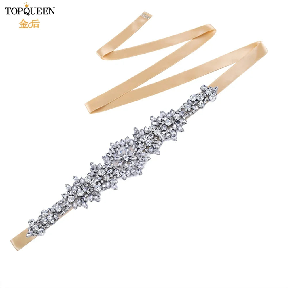 TOPQUEEN S319 Rhinestones Wedding Belt Sparkly Bride Dress Decorative Sash with Stone Jeweled Satin Ribbons Silver Gown Applique Champange ribbon