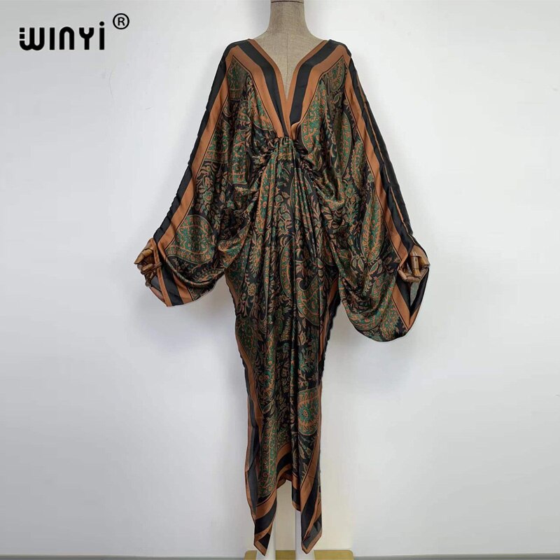 Sexy bech high-quality hand-rolled feel silk rayon fashion print 2024 WINYI Maxi Women's robes long beach V-neck Bohemian dress 15 One Size