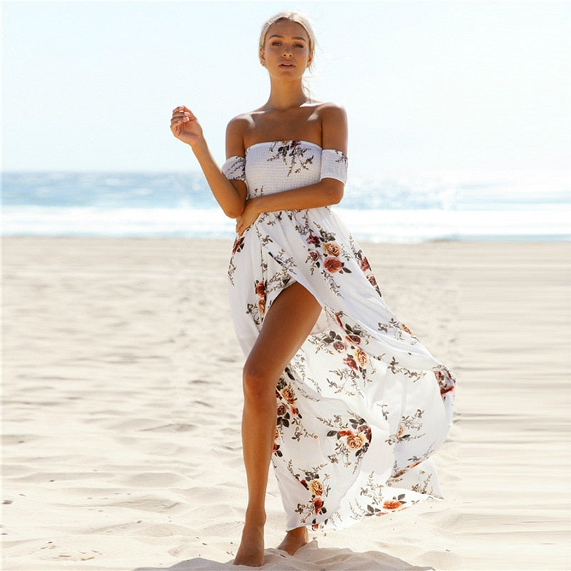 Sexy floral Dress Summer Split Maxi Beach Sundress Off Backless Dress Boho Long Dresses Vestidos Femme