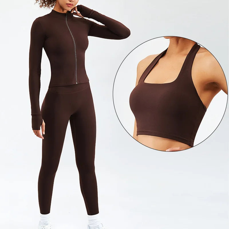 2/3PCS Sport Yoga Set Soft And Breathable High Waist Fitness Gym Suit Sportwear Women Set Workout Clothes For Women Tracksuit 3pcs Brown