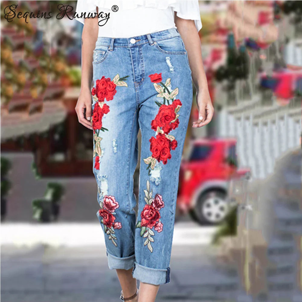 Sexy Embroidery fashion streetwear women mom jeans woman jean stacked pants boyfriend baggy jeans vintage clothes denim trousers Blue