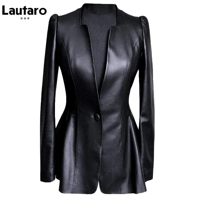 Autumn Black Slim Soft Pu Leather Jacket Women Deep V Neck Long Puff Sleeve Elegant Luxury Skirted Blazer Fashion 2021