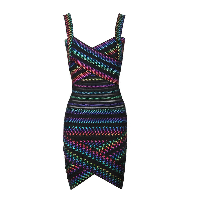 Celebrity Colorful Striped Foiling Print Rayon Bandage Dress Bodycon Evening Party Dress PURPLE