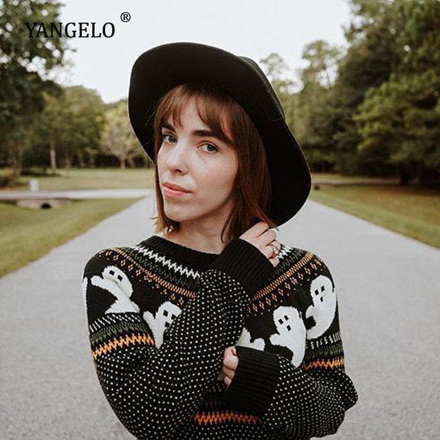 Yangelo Y2k Sweaters Women Halloween's Clothes Gothic Ghost Knitted Pullover for Autumn Winter Purple Streetwear Girl's Top Black One Size